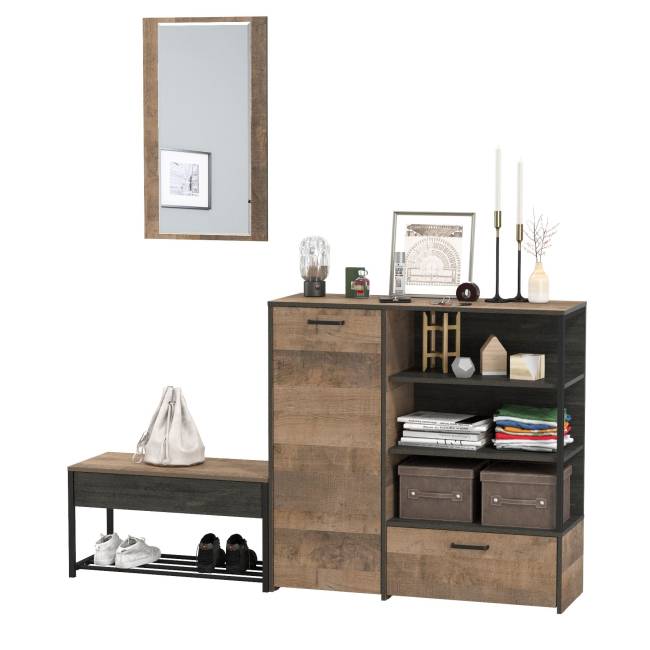 Комод с нишами и ящиком с обувницей с сиденьем и зеркалом Трувор цвет дуб гранж песочный/интра Комод с нишами и ящиком с обувницей с сиденьем и зеркалом Трувор цвет дуб гранж песочный/интра