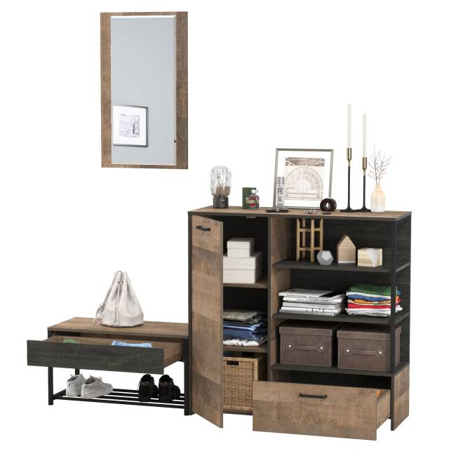 Комод с нишами и ящиком с обувницей с сиденьем и зеркалом Трувор цвет дуб гранж песочный/интра Комод с нишами и ящиком с обувницей с сиденьем и зеркалом Трувор цвет дуб гранж песочный/интра