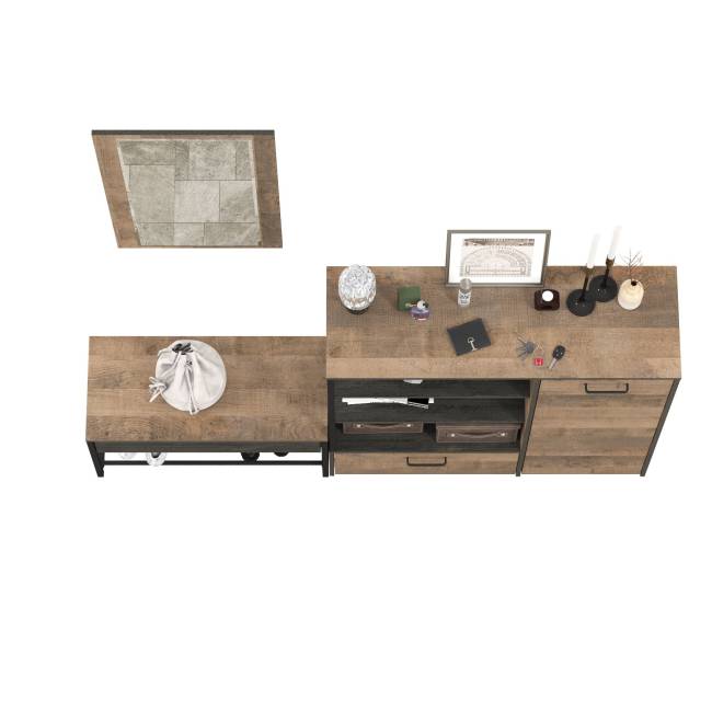 Комод с нишами и ящиком с обувницей с сиденьем и зеркалом Трувор цвет дуб гранж песочный/интра Комод с нишами и ящиком с обувницей с сиденьем и зеркалом Трувор цвет дуб гранж песочный/интра