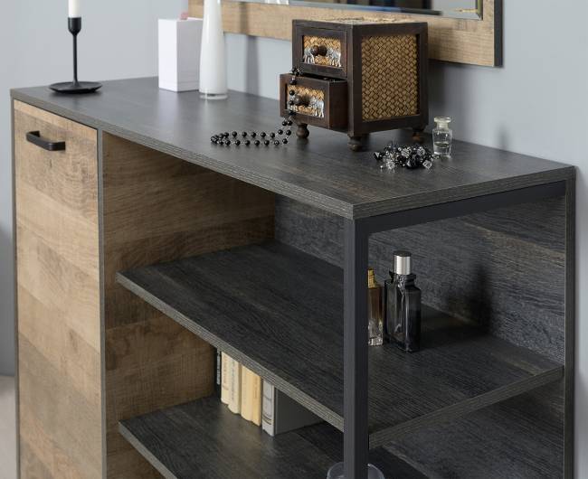 Комод с нишами и ящиком с обувницей с сиденьем и зеркалом Трувор цвет дуб гранж песочный/интра Комод с нишами и ящиком с обувницей с сиденьем и зеркалом Трувор цвет дуб гранж песочный/интра