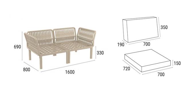 Диван пластиковый двухместный с подушками Portofino Lounge бежевый, бежевый 1600х800х690 мм Диван пластиковый двухместный с подушками Portofino Lounge бежевый, бежевый 1600х800х690 мм