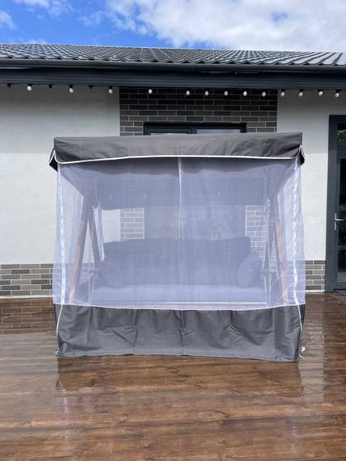 Садовые качели СЕЛЕНА ПРЕМИУМ 3.0 (трехместные) деревянные Серый + тент-крыша + москитная сетка