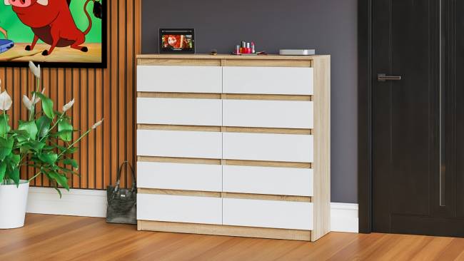 Комод высокий на десять выдвижных ящиков Мори МК1200.10 цвет дуб сонома/белый