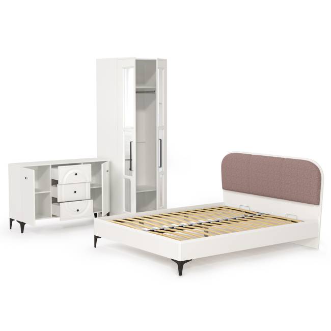 Двуспальная кровать 1600 с мягкой спинкой Валенсия с комодом и шкафом цвет белый шагрень/ткань велутто 19 Двуспальная кровать 1600 с мягкой спинкой Валенсия с комодом и шкафом цвет белый шагрень/ткань велутто 19