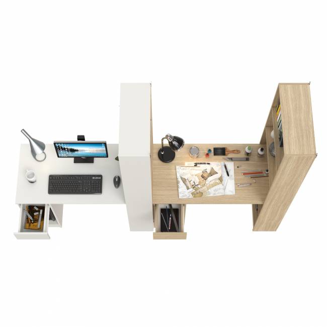 Два письменных стола Лайт 10.01 со шкафом с полками цвет белый гладкий/плэйн Два письменных стола Лайт 10.01 со шкафом с полками цвет белый гладкий/плэйн