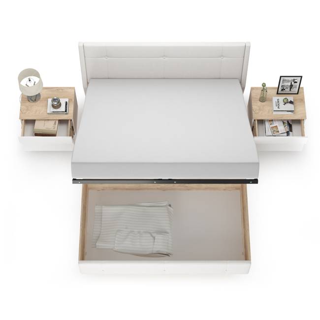 Кровать с подъёмным основанием и двумя прикроватными тумбами Муссон цвет белый/дуб эндгрейн элегантный/кожзам белый