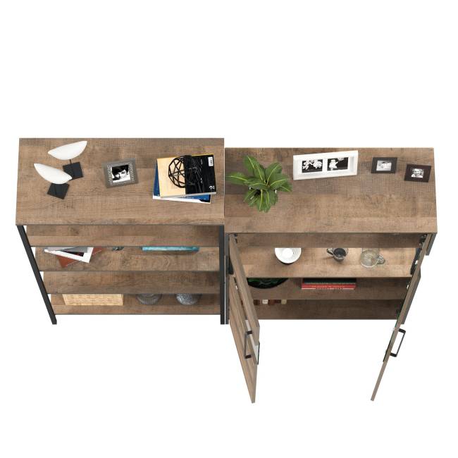 Комод с витриной с подсветкой и открытый стеллаж Трувор цвет дуб гранж песочный/интра Комод с витриной с подсветкой и открытый стеллаж Трувор цвет дуб гранж песочный/интра