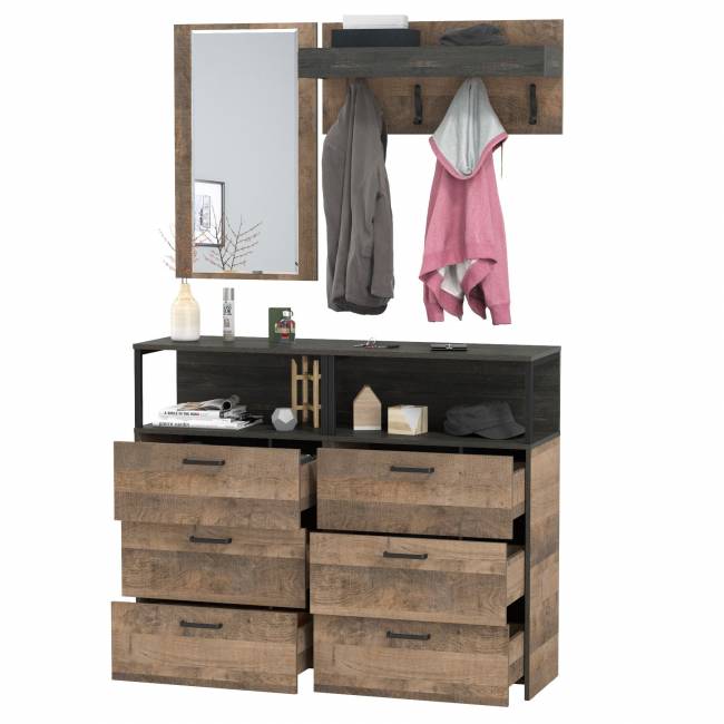 Вешалка для одежды с зеркалом для прихожей и два комода с нишей Трувор цвет дуб гранж песочный/интра